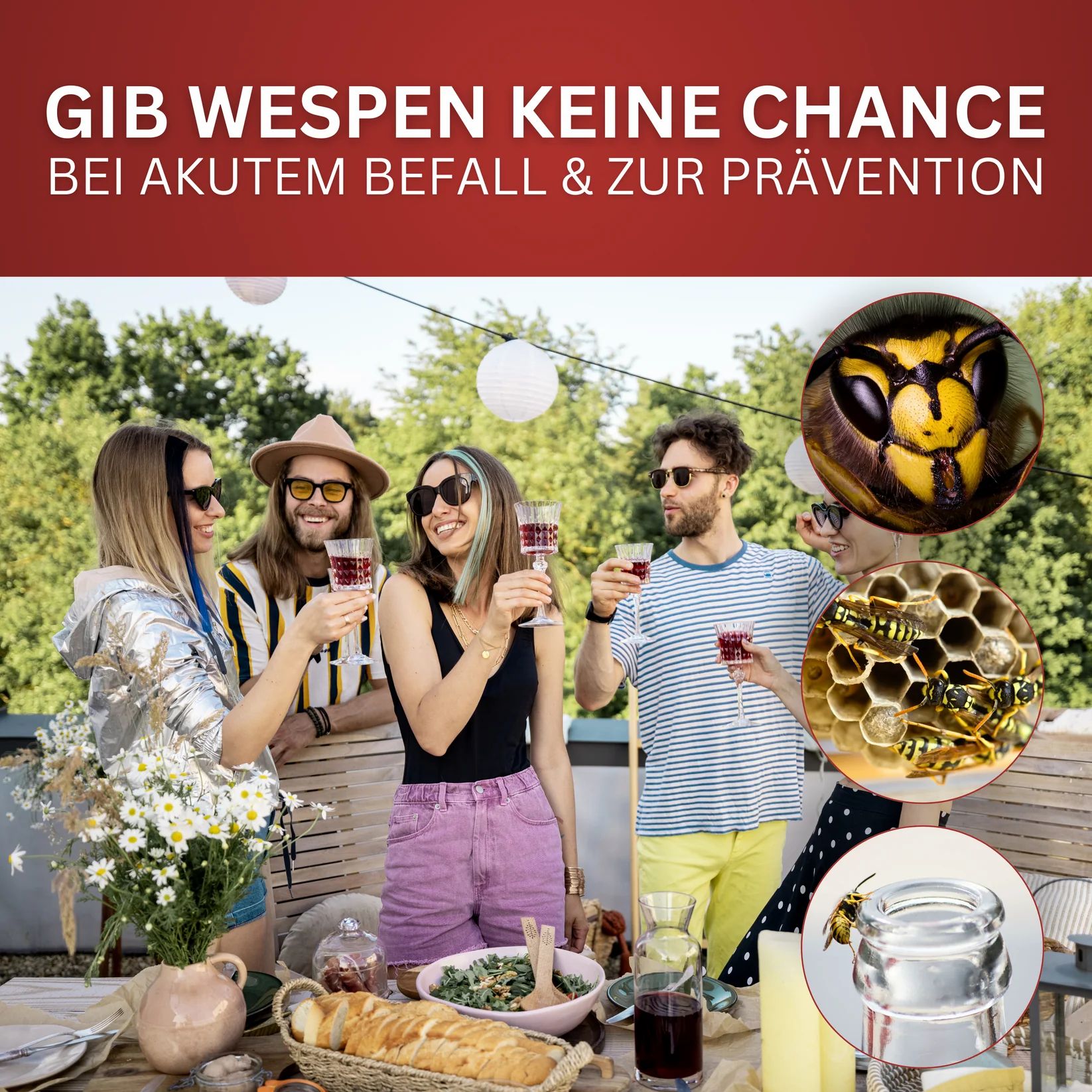Gruppe von Menschen, die im Freien trinken. Nahaufnahmen von Wespen und Waben. Gib Wespen keine Chance.