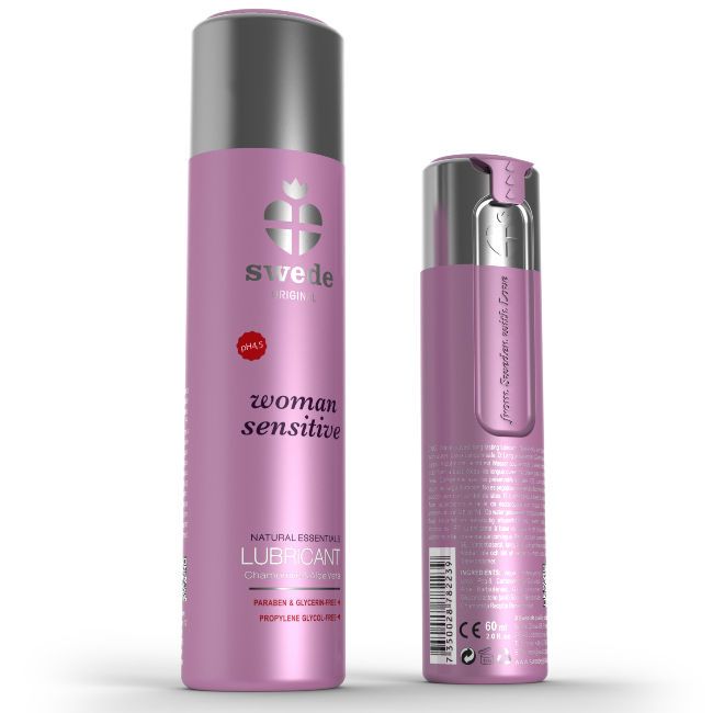 Zwei rosa Flaschen mit silbernen Deckeln. Aufschrift: Swede, woman sensitive, Lubricant. Eine Flasche ist geöffnet.
