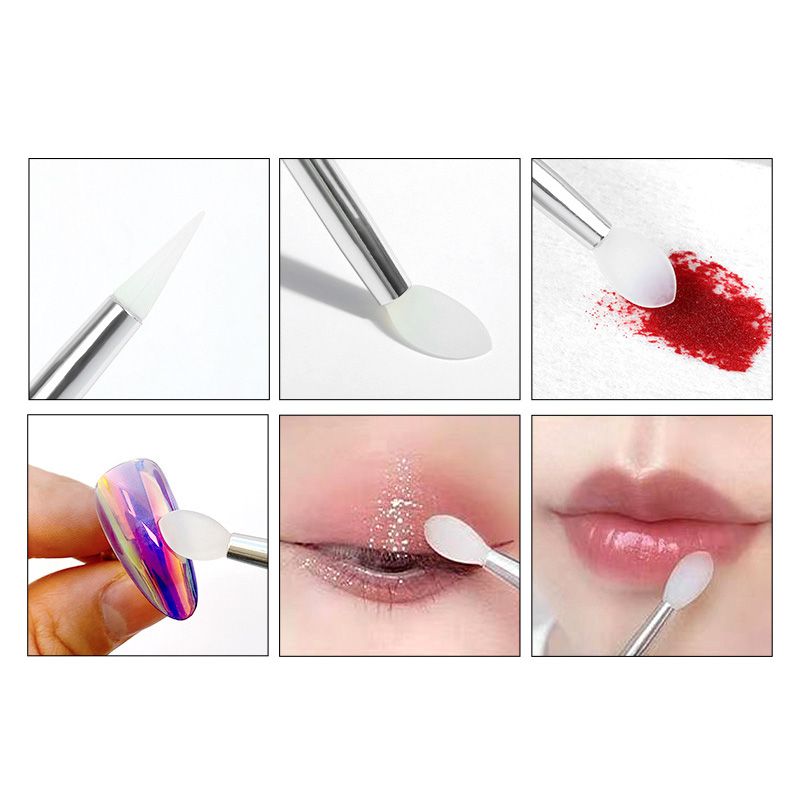 Sechs Detailansichten von Silikon-Applikatoren, die für Nägel, Augen und Lippen verwendet werden.