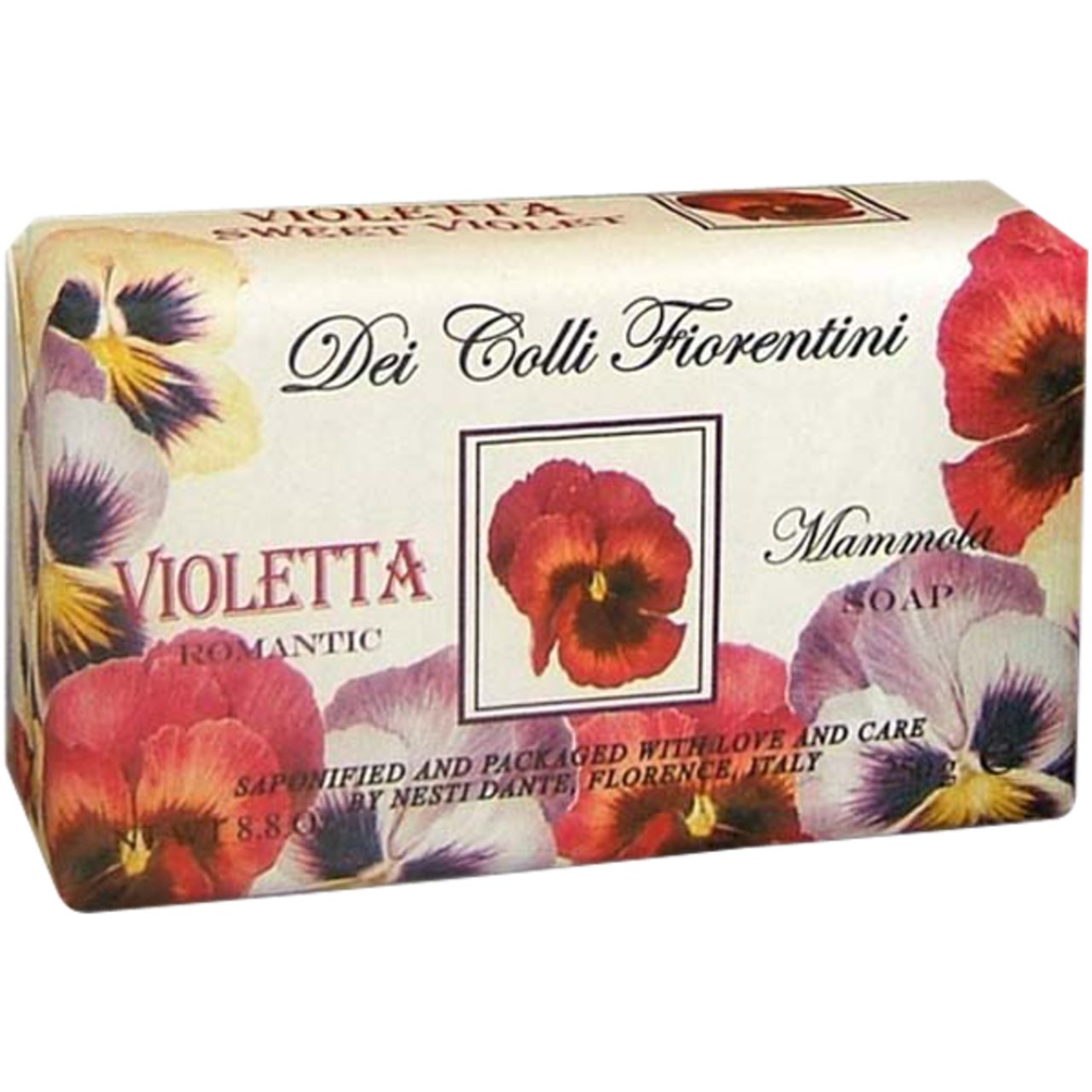 Seife mit floralem Design. Text: Dei Colli Fiorentini, Violetta Romantic, Mammola Soap. Verpackt mit Liebe und Sorgfalt.