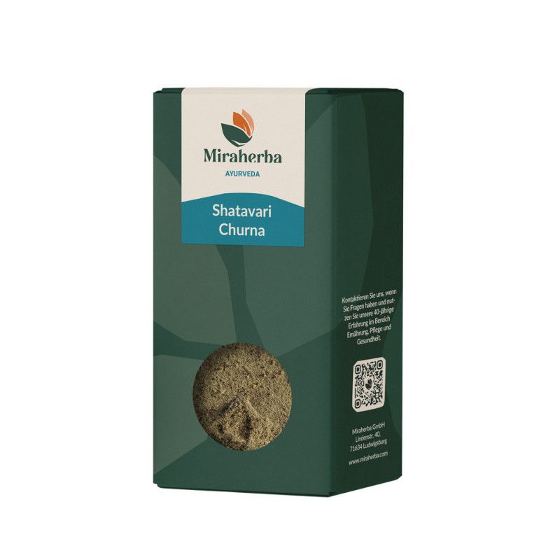 Grüne Produktverpackung mit Miraherba-Logo und Text: Shatavari Churna. Sichtbares Produkt durch ein rundes Fenster.