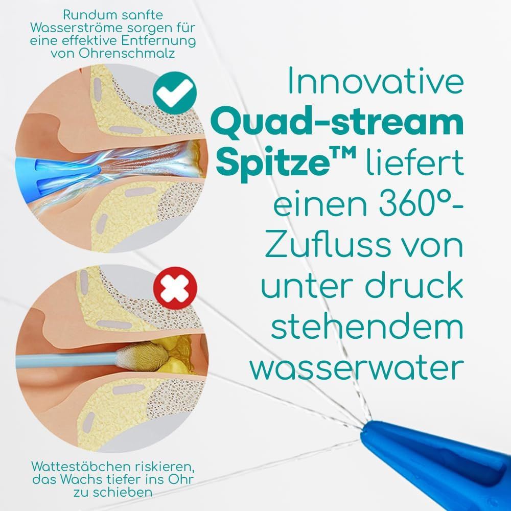 Detailansicht der Spitze eines Ohrreinigungsinstruments mit vier Austrittsöffnungen.