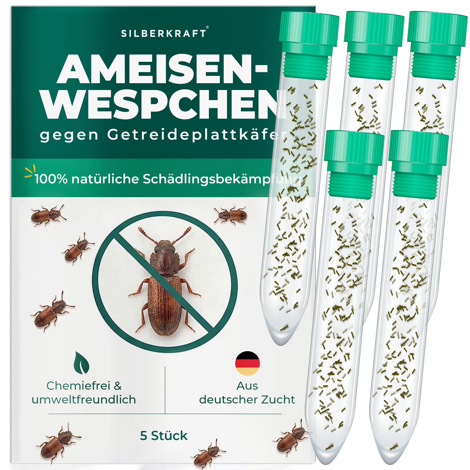 Fünf Röhrchen mit natürlichen Schädlingsbekämpfern gegen Getreideplattkäfer. "SILBERKRAFT" Logo oben.