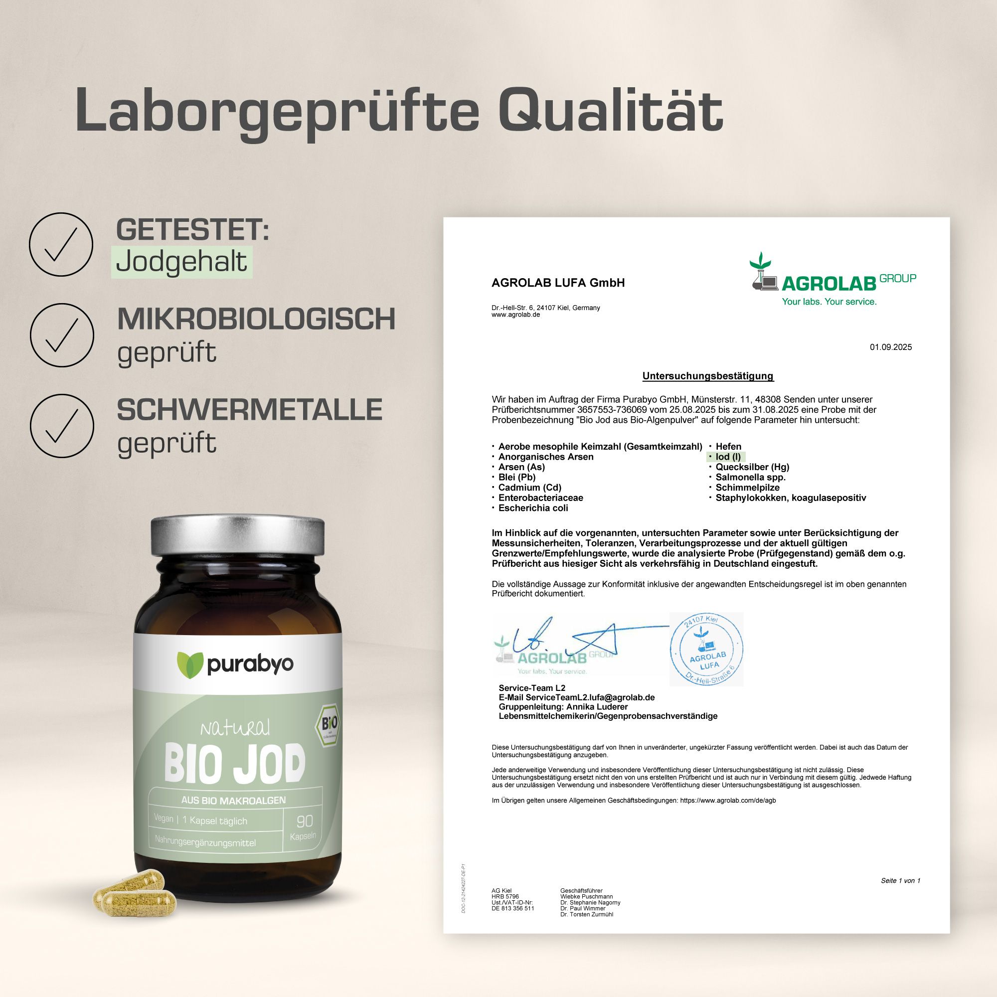 Glasflasche mit Kapseln und Laborzertifikat. Text: Laborgeprüfte Qualität, Getestet, Mikrobiologisch geprüft, Schwermetalle geprüft.