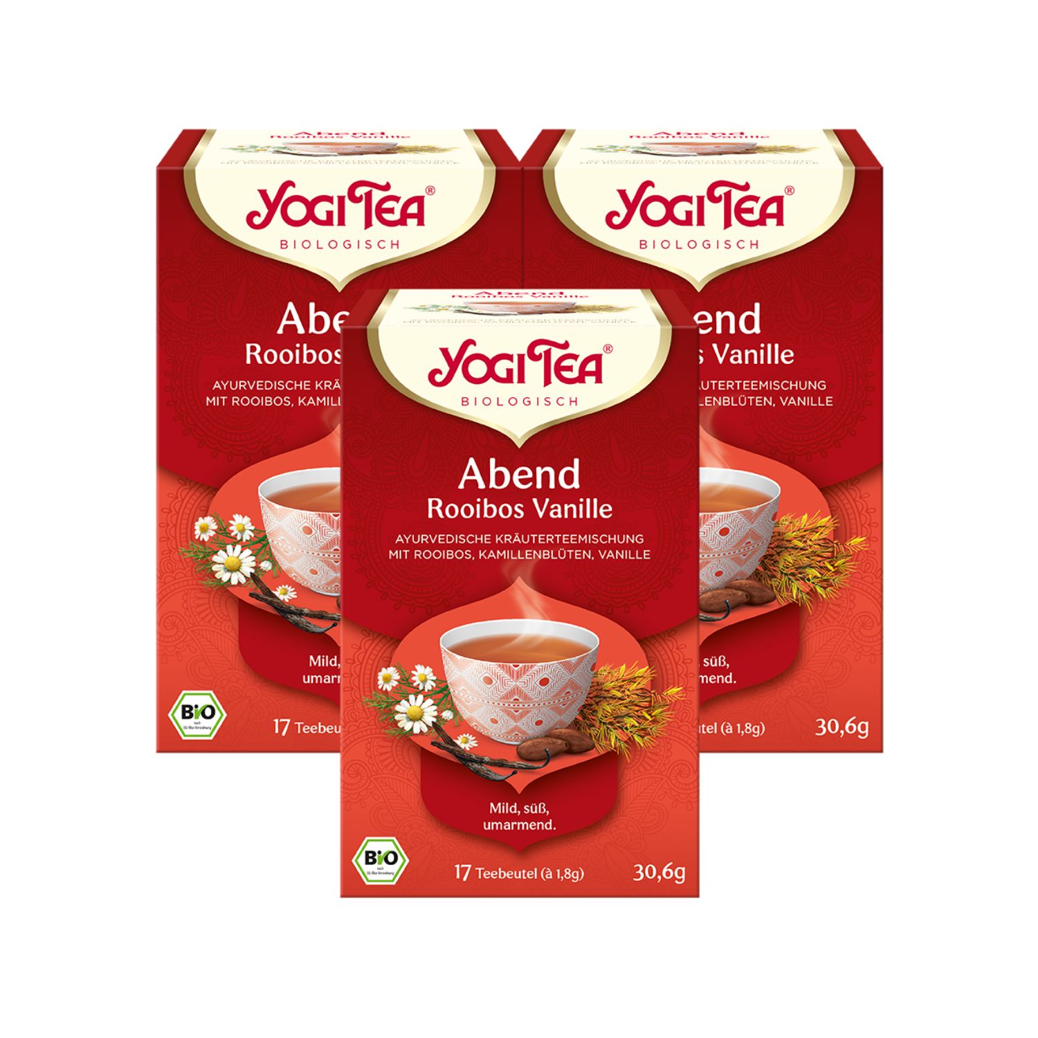 Drei Packungen Yogi Tea Abend Rooibos Vanille. Rote Verpackung mit Logo, Produktname und Abbildung einer Tasse Tee. Bio-Siegel.