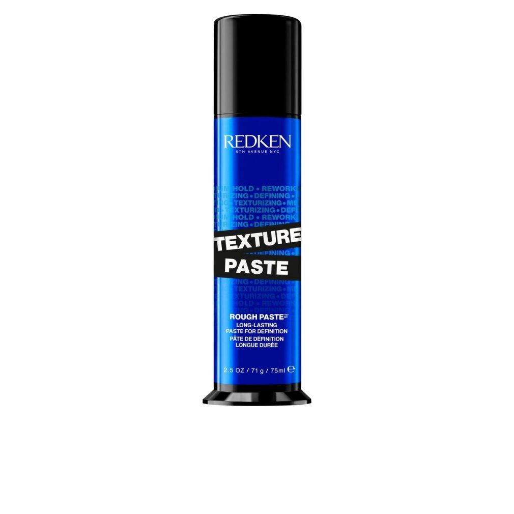 Zylinderförmige Tube. Schwarzer Deckel, blauer Körper mit weißer Schrift. "Redken" und "Texture Paste" deutlich sichtbar.