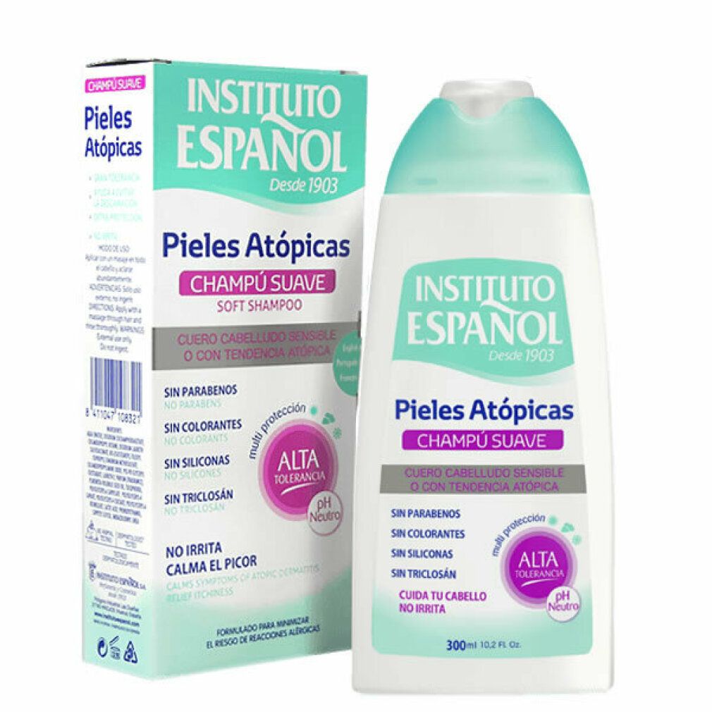 Shampoo und Verpackung. Aufschrift: Instituto Español, Pieles Atópicas, Champú Suave. Enthält keine Parabene, Farbstoffe, Silikone, Triclosan.