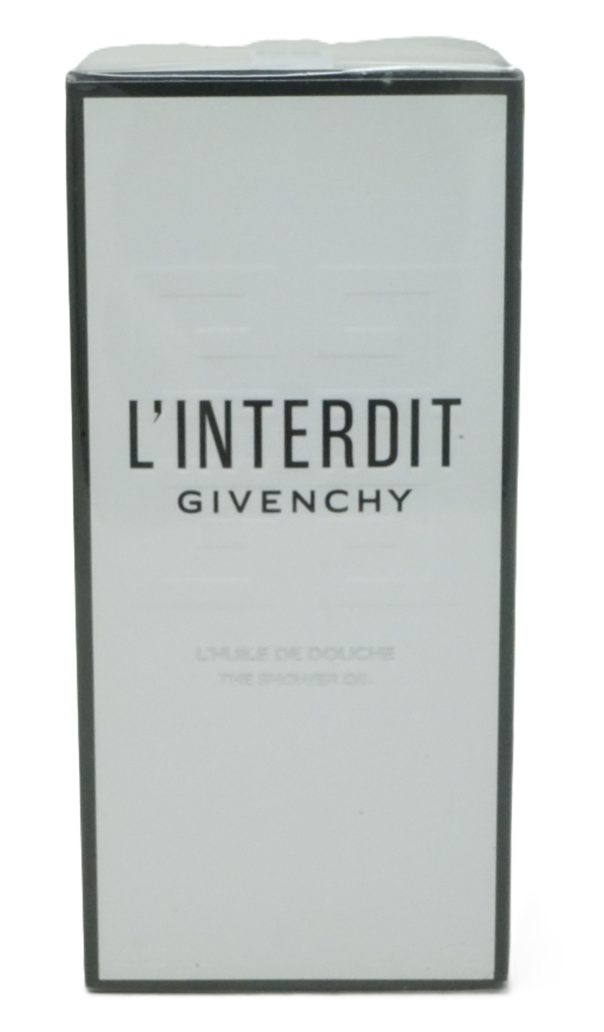 Weißer Karton mit schwarzer Schrift. L'Interdit, Givenchy. Aufschrift: L'Huile de Douche, The Shower Oil.