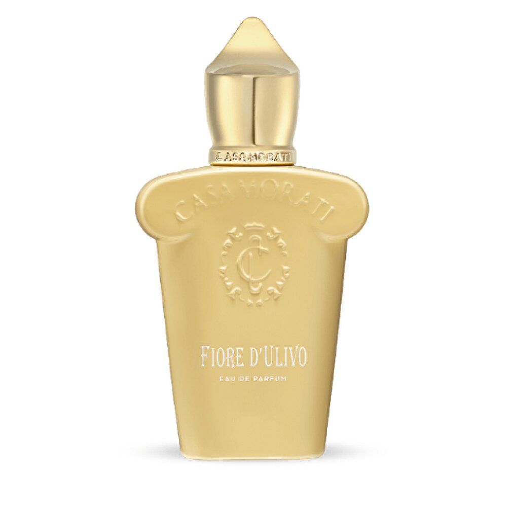 Goldfarbener Parfümflakon mit goldener Kappe. Aufschrift 'Fiore d'Ulivo' und 'Eau de Parfum'.