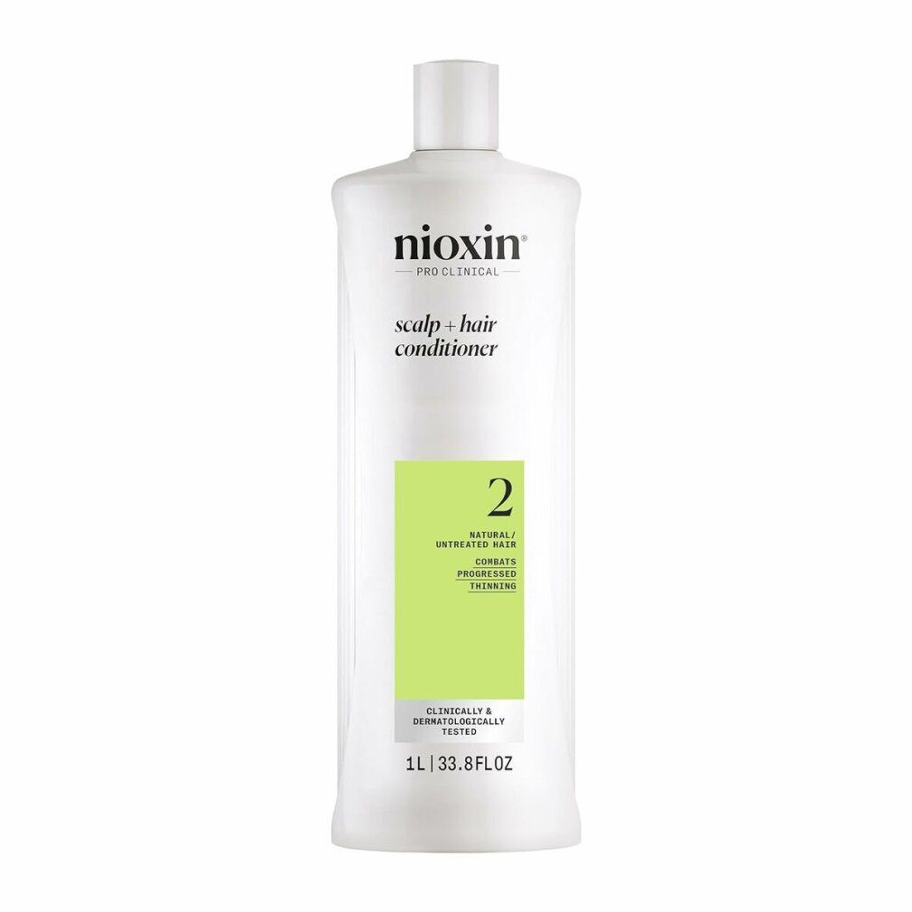 Weiße Flasche mit grünem Etikett. Aufschrift: Nioxin, Scalp + Hair Conditioner, 2. Volumen: 1L | 33.8 fl.oz.