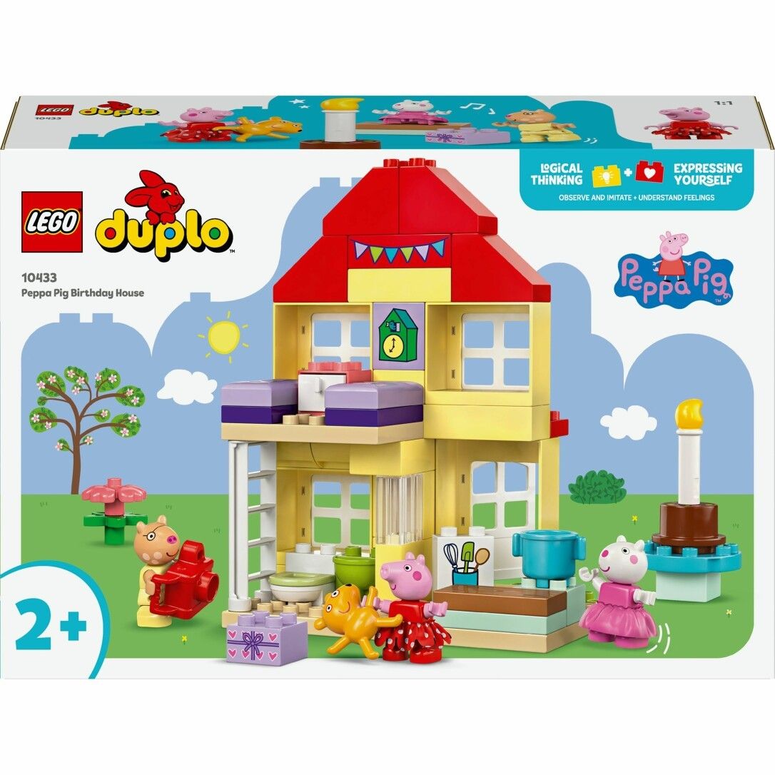LEGO Duplo Peppa Pig Geburtstagshaus. Gelbes Haus mit rotem Dach, Figuren, Zubehör. Verpackung mit Logo und Altersempfehlung.