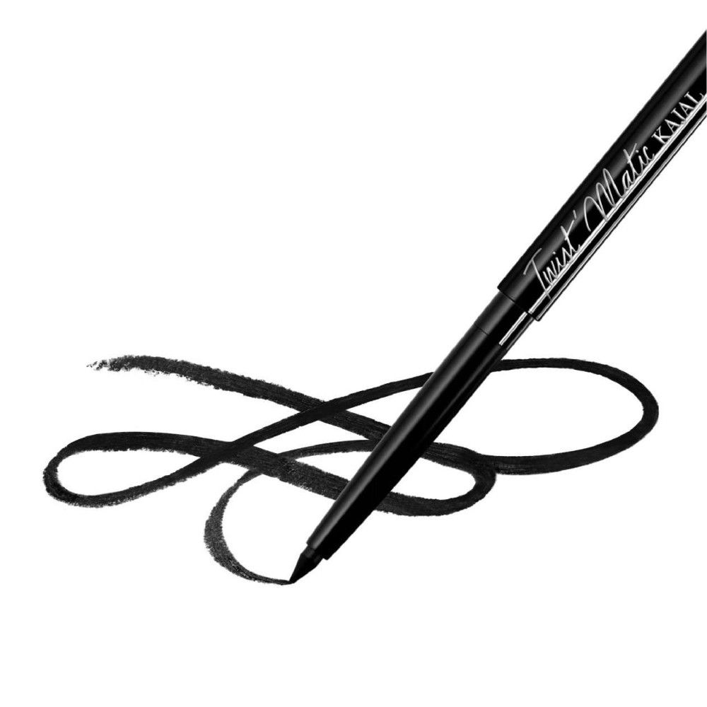 Schwarzer Kajalstift zeichnet geschwungene Linie. Aufschrift: Twist Matic Kajal.