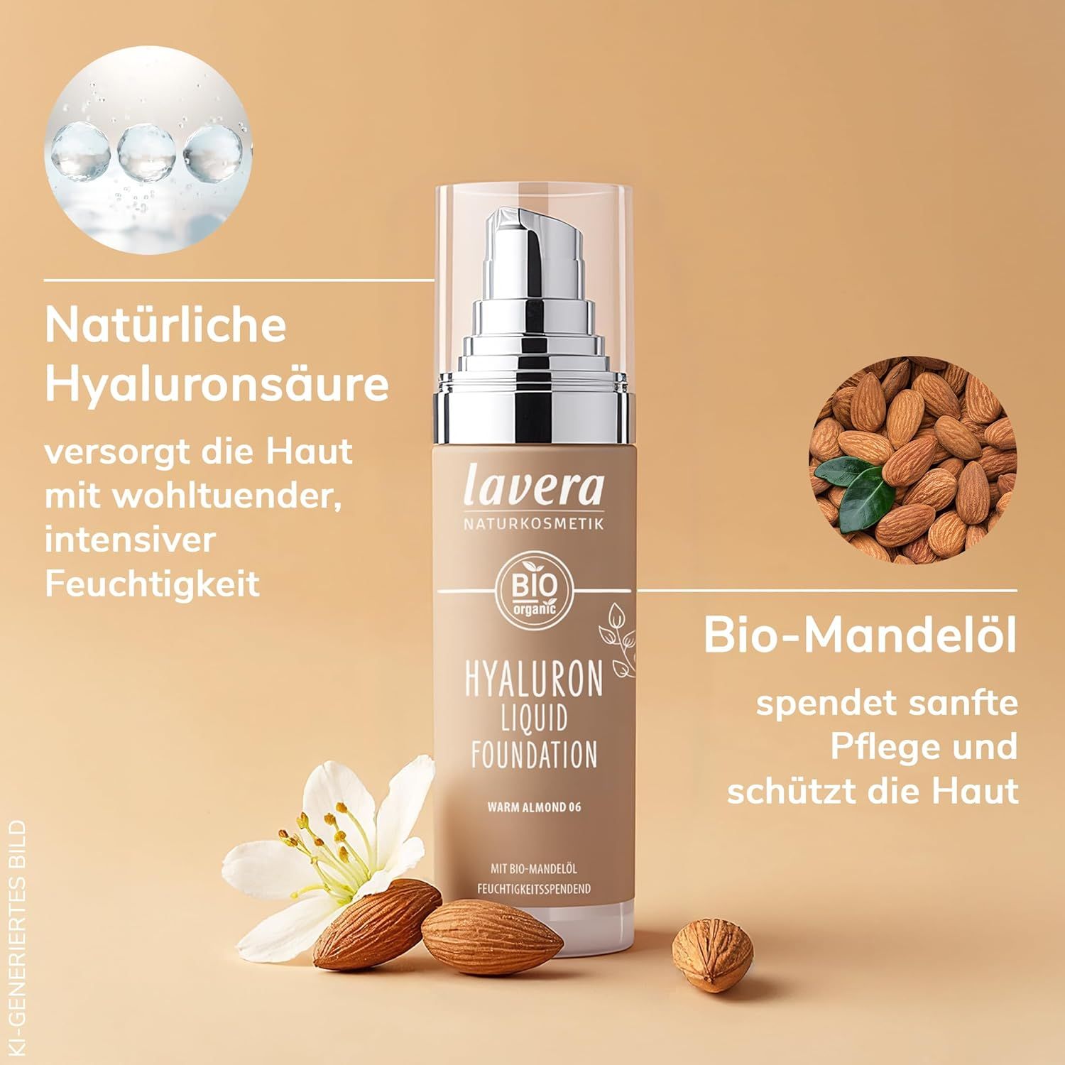 Lavera Hyaluron Liquid Foundation. Flasche mit Pumpe, daneben Mandeln und Blüten. Text: Bio-Mandelöl, Hyaluronsäure.