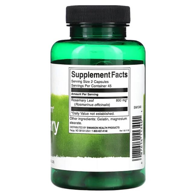 Rückseite einer grünen Flasche mit schwarzen Deckel. Aufschrift: Supplement Facts, Rosmarinblatt, 800 mg.