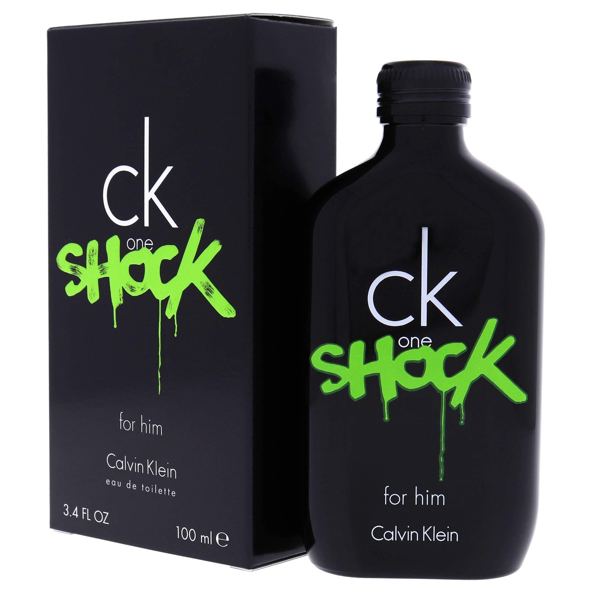 Schwarze Flasche und Schachtel mit weißem und grünem Text. Aufschrift: ck one SHOCK for him Calvin Klein.
