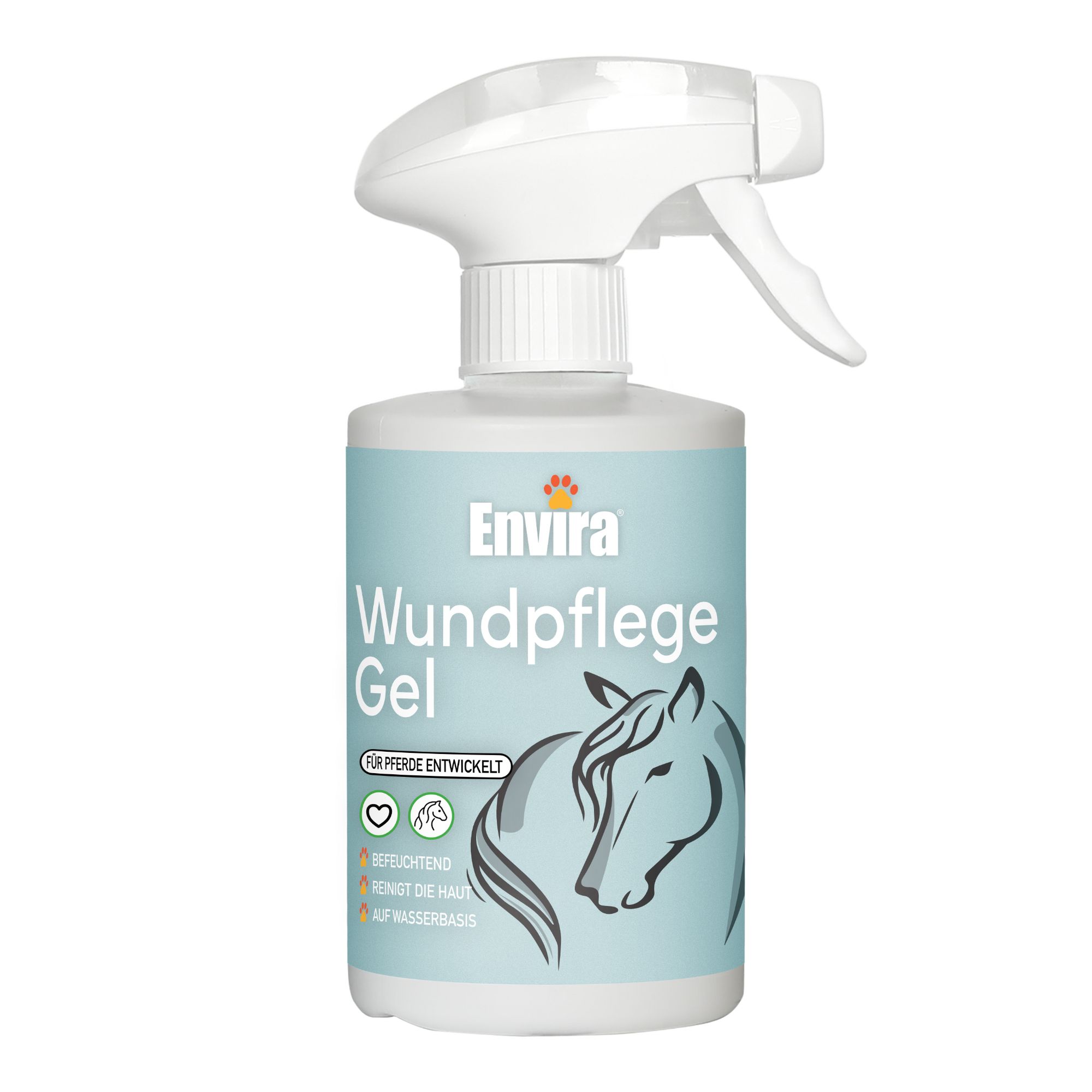 Flasche mit Sprühkopf. Aufschrift: Envira Wundpflege Gel. Abbildung eines Pferdes. Text: Für Pferde entwickelt, befeuchtend, auf Wasserbasis.