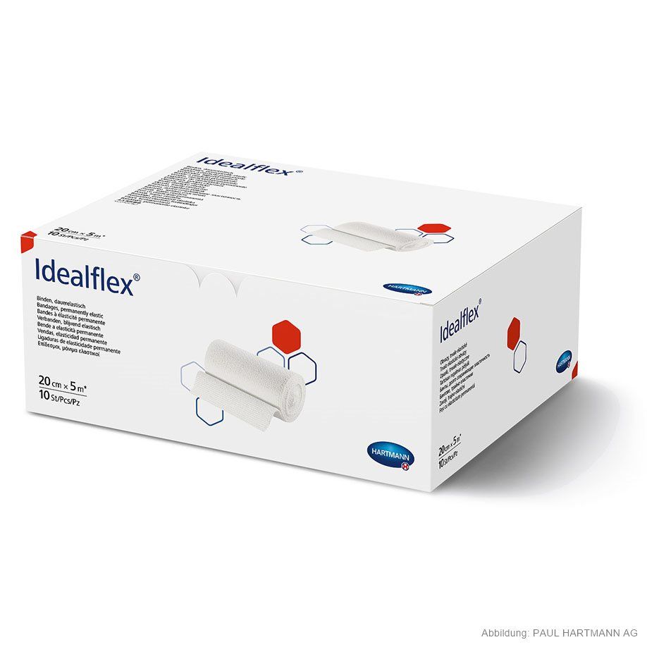 Verpackung mit HARTMANN Idealflex Universalbinden. Aufdruck: 20 cm x 5 m, 10 Stück. Produktname und Logo deutlich sichtbar.