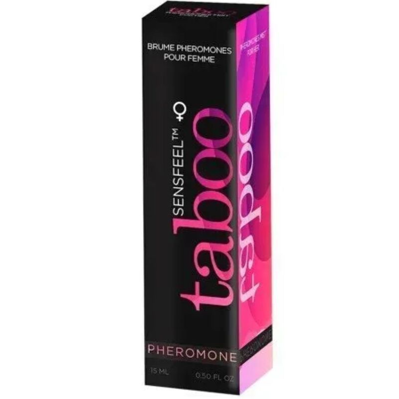 Schwarze Verpackung mit rosa Schriftzug "taboo". Text "Pheromone" und "15 ml".