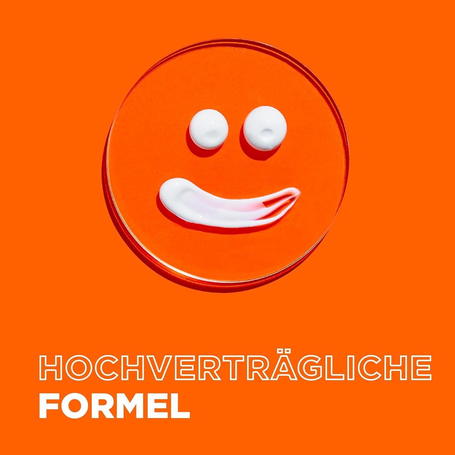 Orangefarbener Hintergrund mit Creme. Text: Hochverträgliche Formel.
