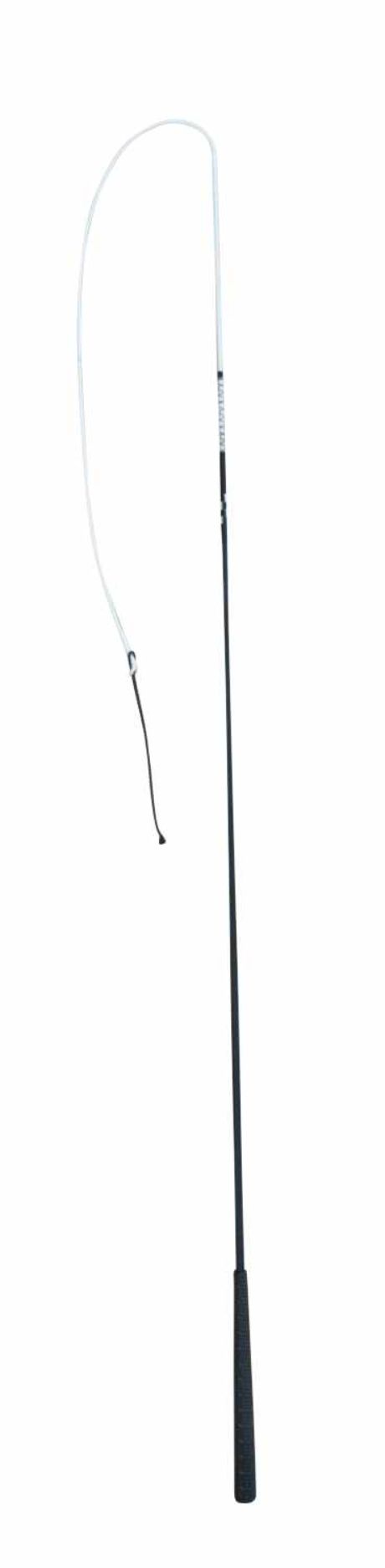 AMKA Bogenpeitsche. Schwarz-weiße Peitsche mit Griff. Flexibler Bogen. Schwarzer Griff. Weißer Peitschenteil.