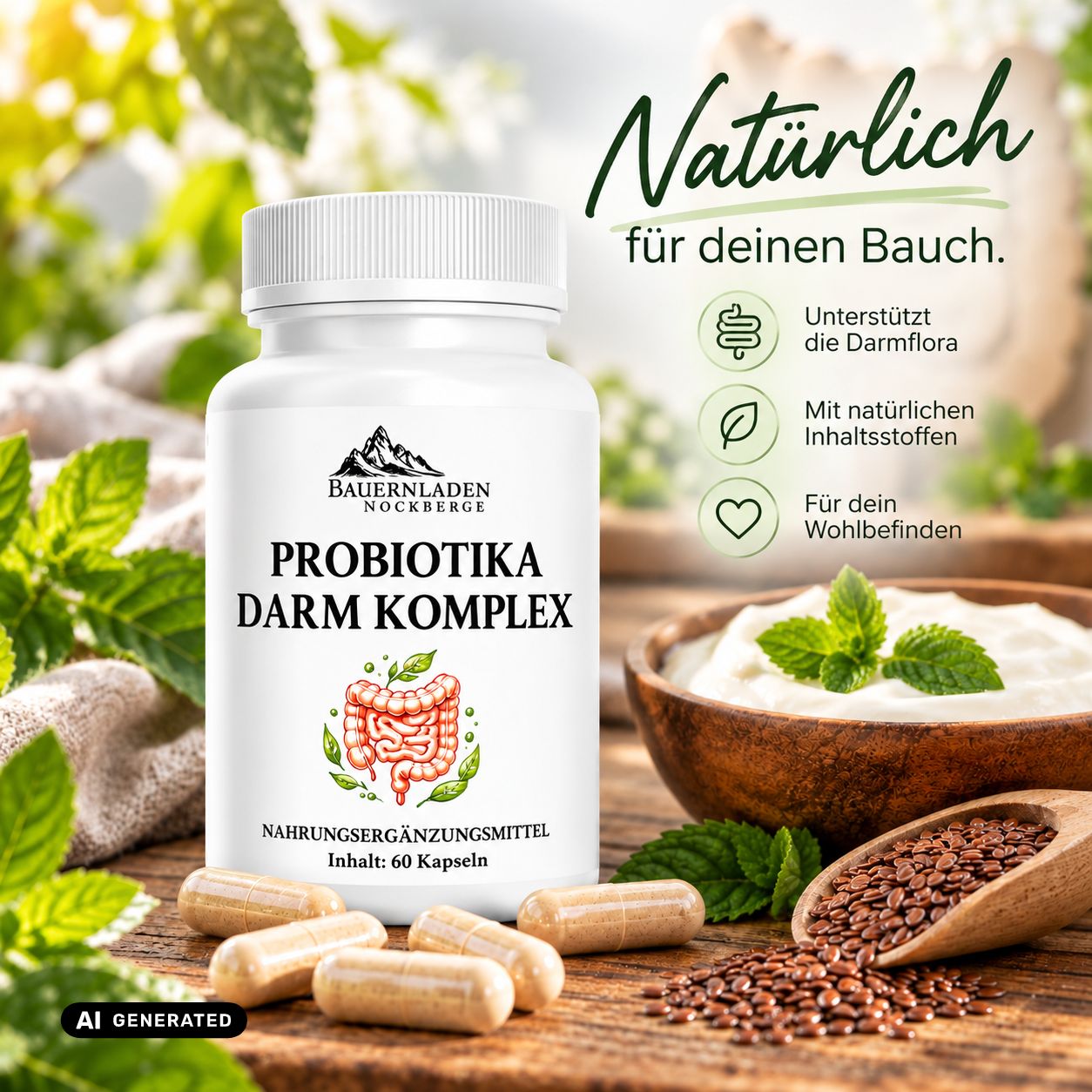 Flasche Probiotika Darm Komplex neben Joghurt und Leinsamen. "Natürlich für deinen Bauch" steht daneben.