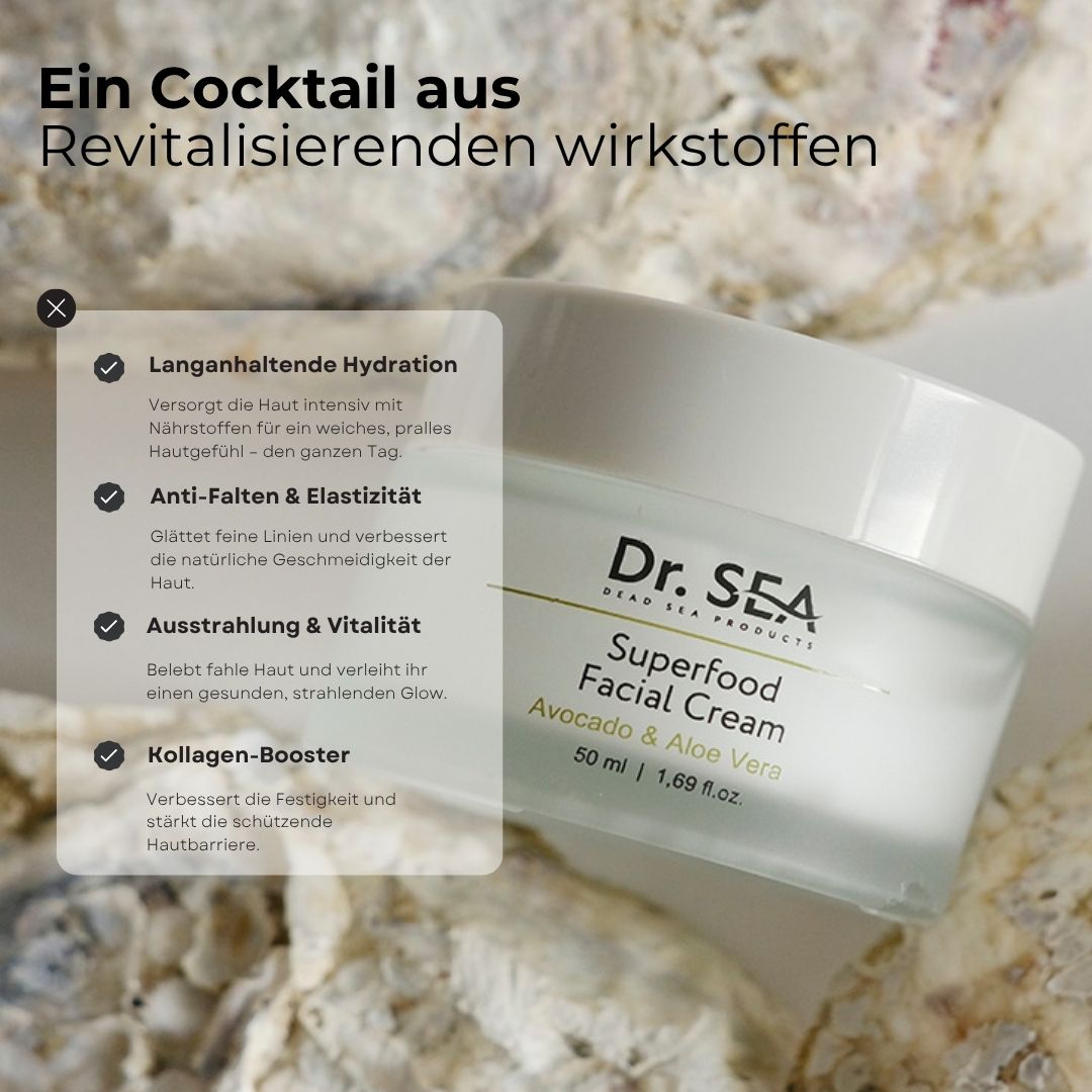 Creme-Tiegel mit Text. Text: Lang anhaltende Hydratation, Anti-Falten & Elastizität, Ausstrahlung & Vitalität, Collagen-Booster.
