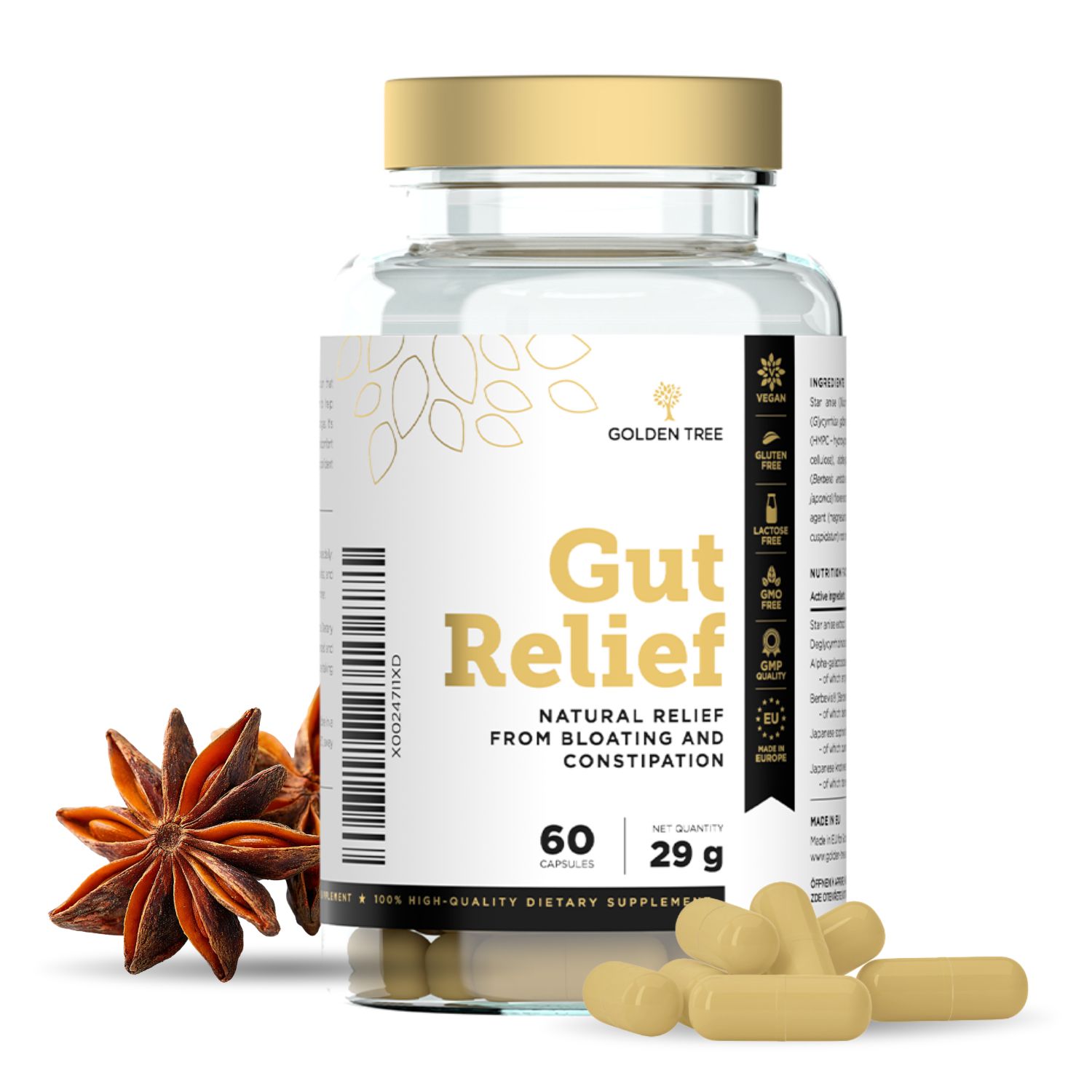 Flasche Golden Tree Gut Relief mit 60 Kapseln, 29g. Daneben liegen Kapseln und Sternanis. Vegan und glutenfrei.