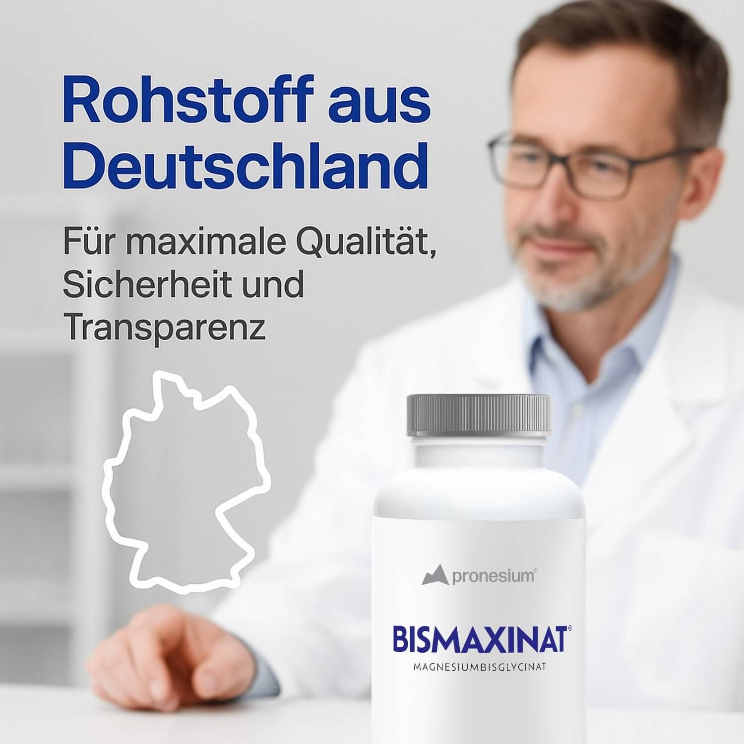 Mann im weißen Kittel. Flasche mit BISMAXINAT. Text: Rohstoff aus Deutschland.