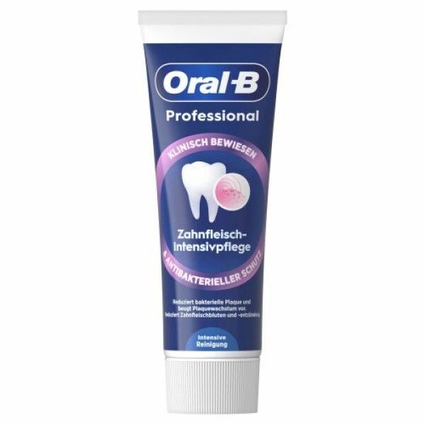 Blaue Tube mit weißem Verschluss. Produktname und Aufschrift "Zahnfleisch-Intensivpflege".