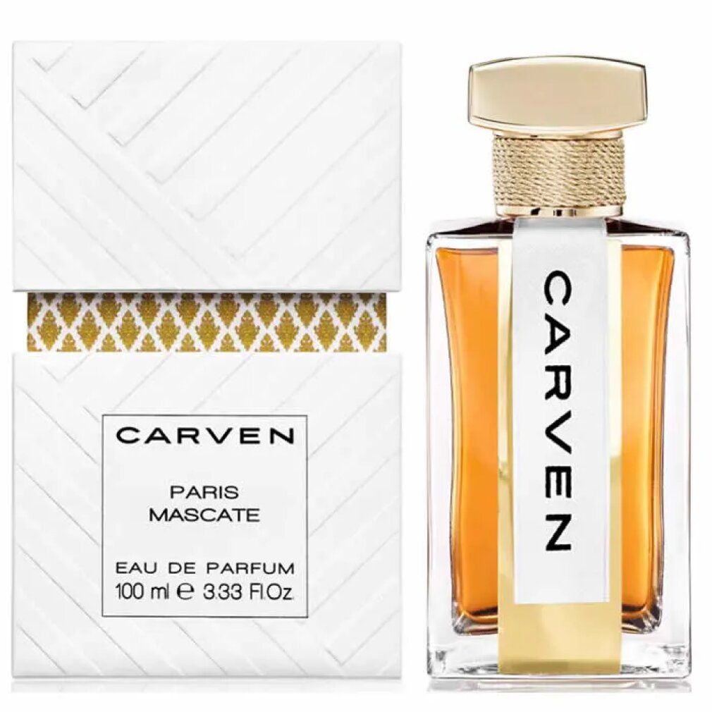 Carven Paris Mascate Eau de Parfum Flakon und Verpackung. Goldener Verschluss, klare Glasflasche mit orangefarbener Flüssigkeit.