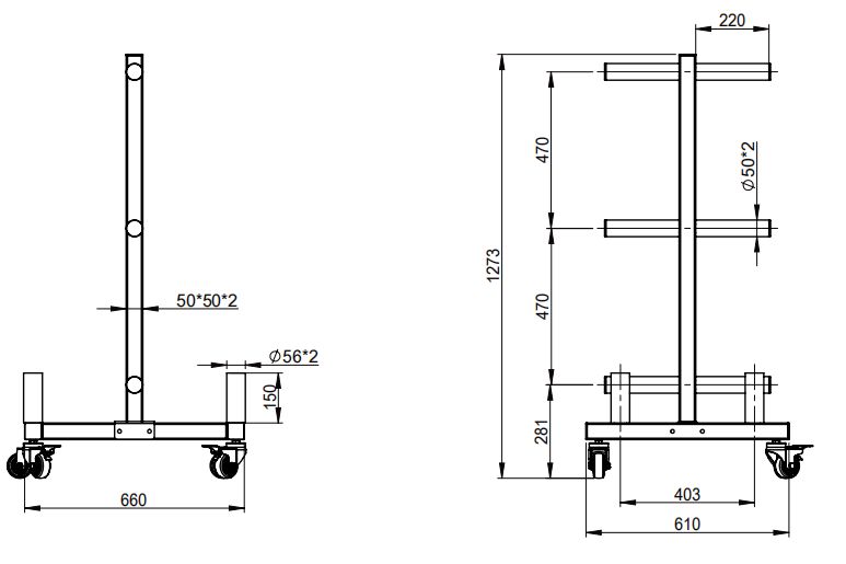 Technische Zeichnung des Hantelscheibenständers. Seiten- und Frontansicht mit Maßen in mm.