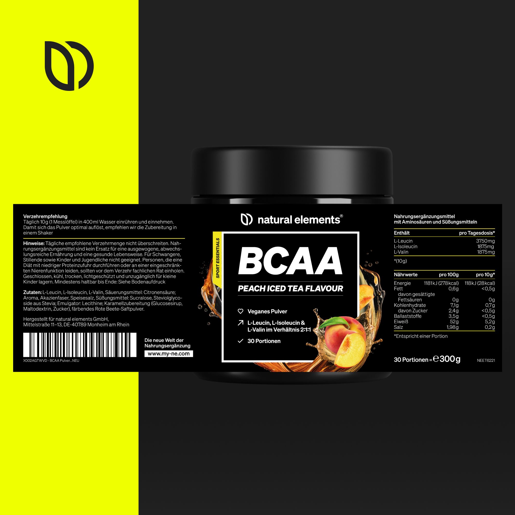 BCAA-Dose mit Etikett. natural elements BCAA Peach Iced Tea Flavour. Nährwertangaben.