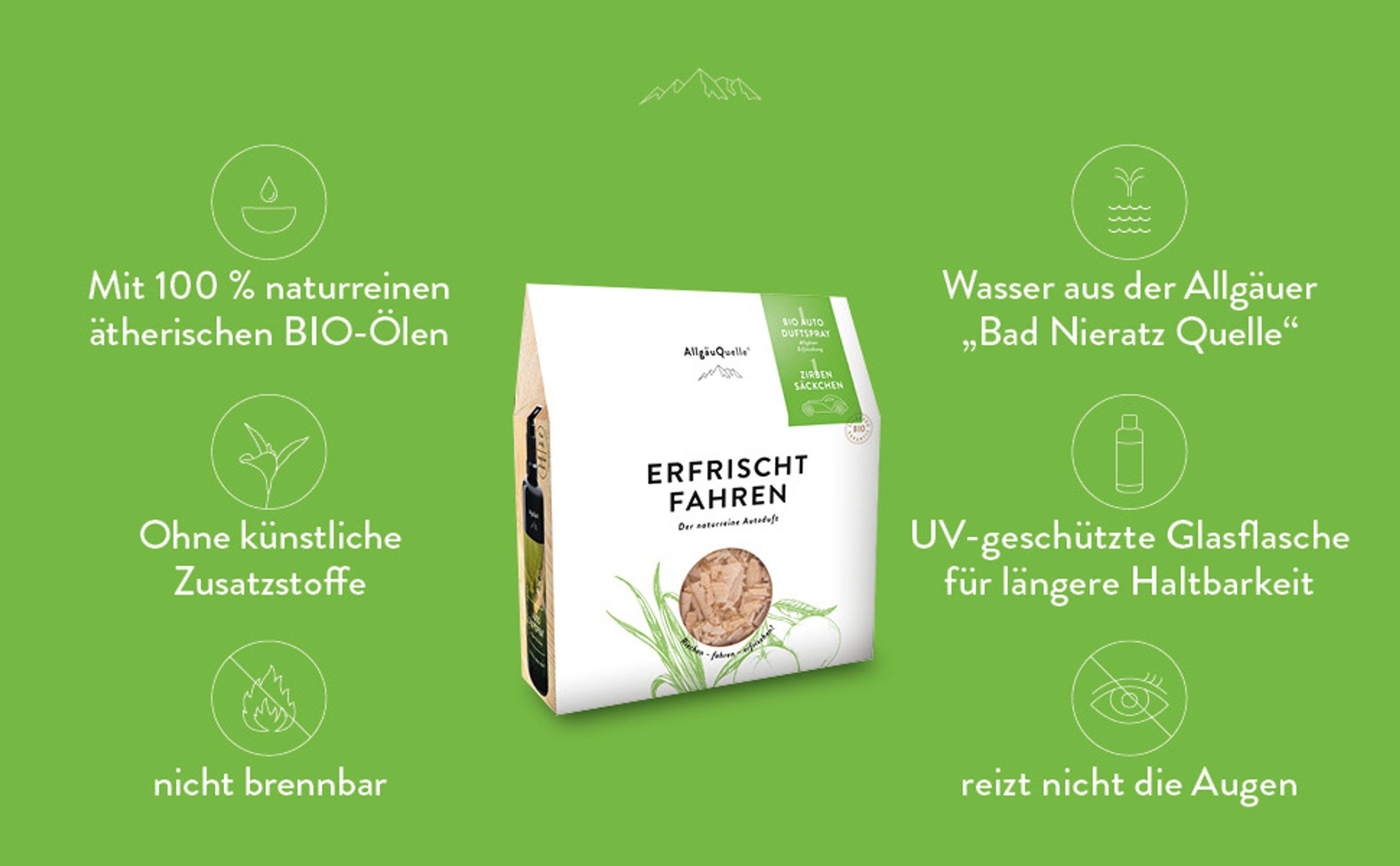 AllgäuQuelle Bio Autoduft-Set Lufterfrischer Lemongrass mit Zirben-Säckchen  als natürlichem Duftbaum 100 ml 