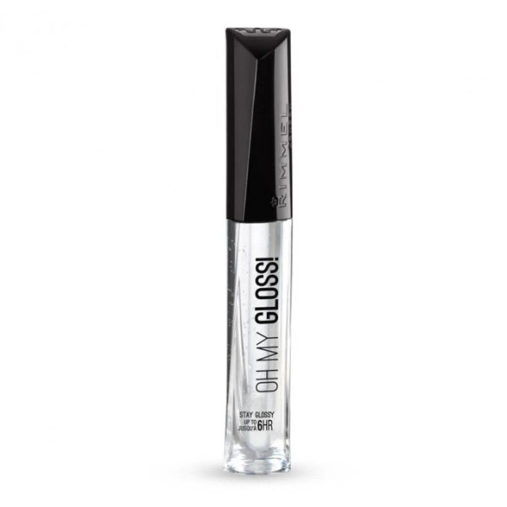 Klarer Lipgloss-Behälter mit schwarzem Deckel. Aufschrift: OH MY GLOSS! und STAY GLOSSY.
