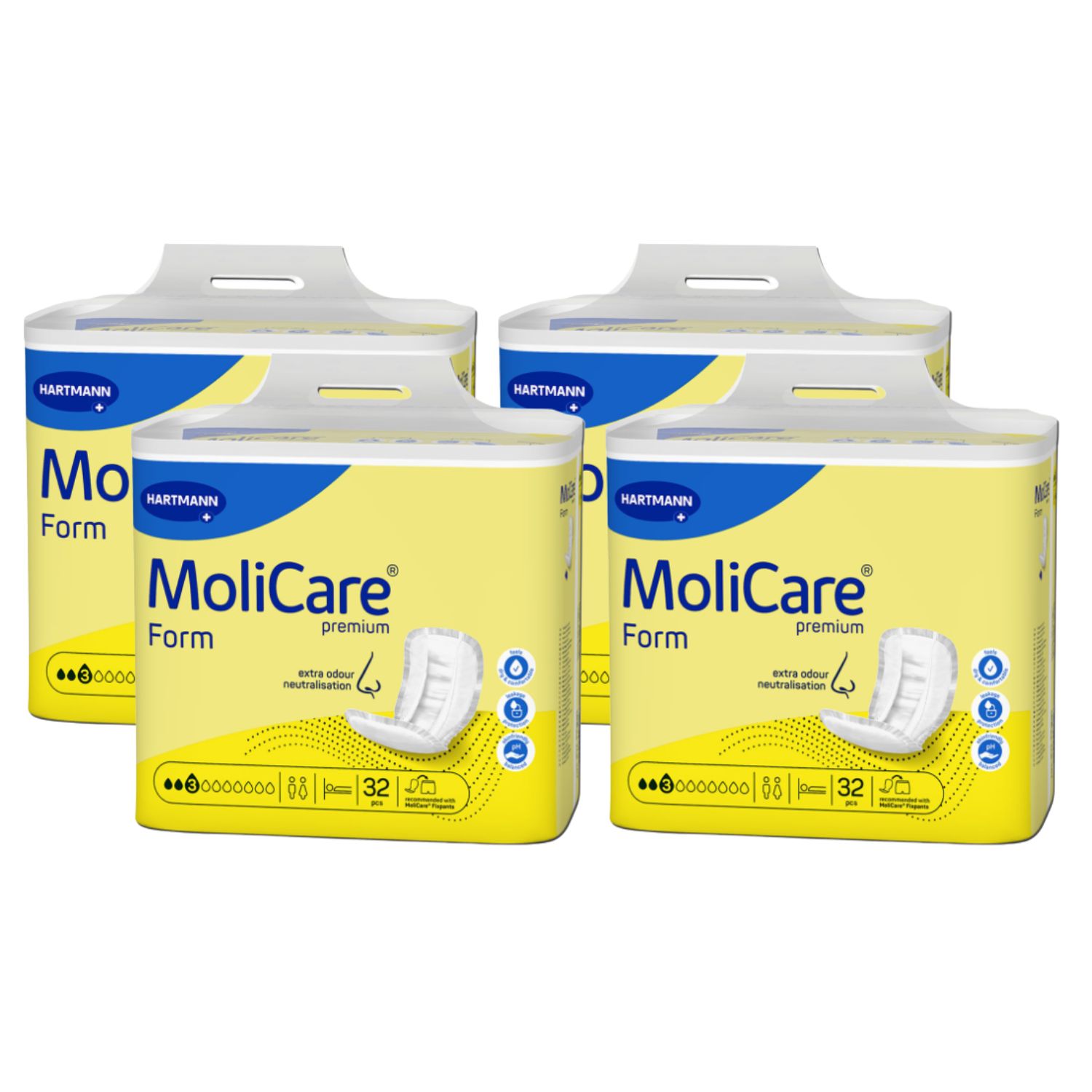 Mehrere Packungen MoliCare Form. Gelbe Verpackung mit Produktabbildung und Logo. 3 Tropfen-Symbol. Hartmann-Logo.
