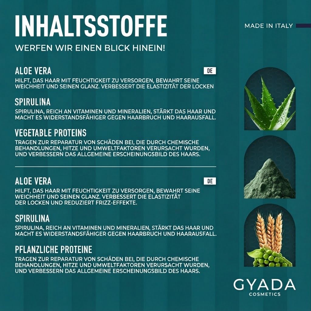 Infografik mit Inhaltsstoffen: Aloe Vera, Spirulina, pflanzliche Proteine.
