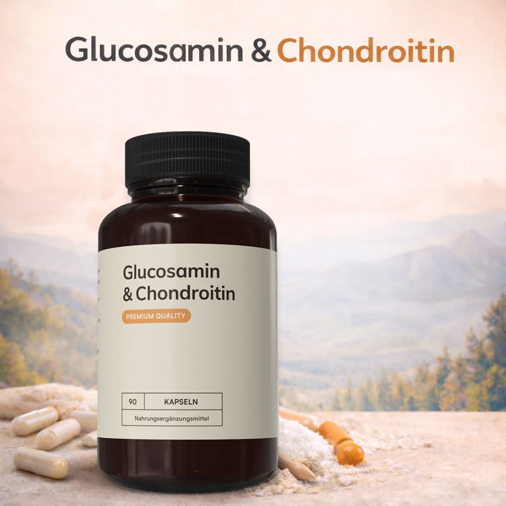 Braune Flasche mit Kapseln. Aufschrift: Glucosamin & Chondroitin. Premium Quality. 90 Kapseln. Nahrungsergänzungsmittel.