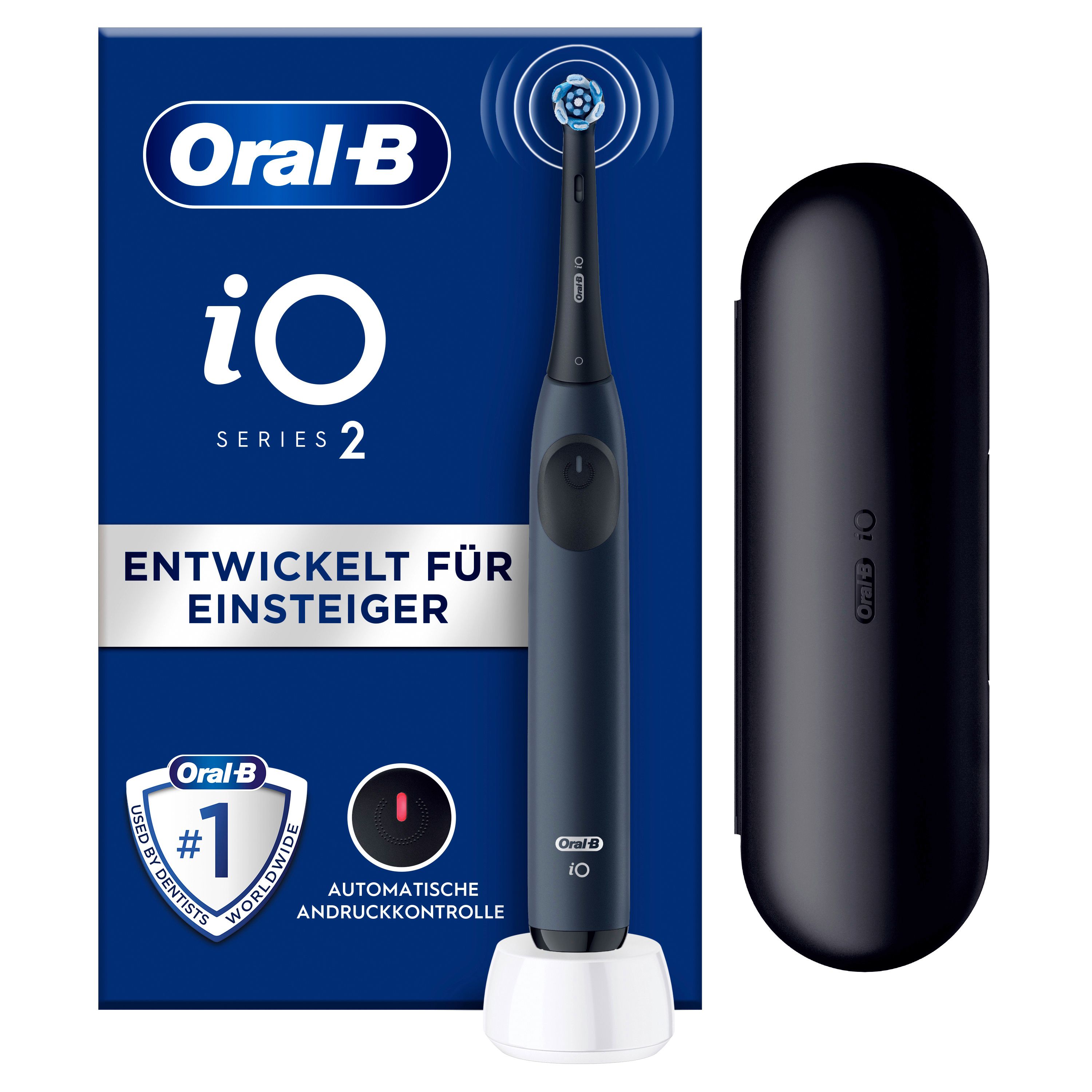 Elektrische Zahnbürste mit Reiseetui. Blaue Zahnbürste, weißes Ladegerät, schwarzes Etui. Verpackung mit Logo und Produktbezeichnung.