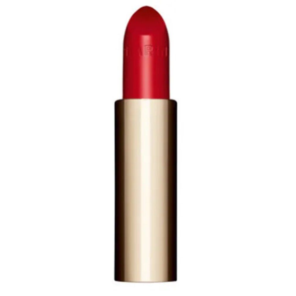 Roter Lippenstift in goldener Hülse. Spitze des Stifts sichtbar. Aufschrift auf dem Lippenstift.