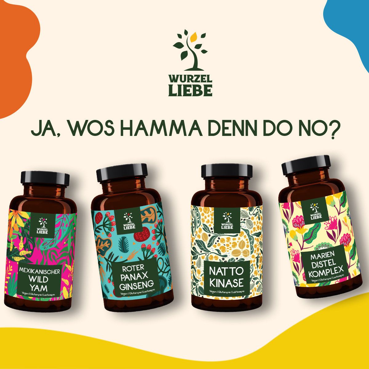 Vier Flaschen mit verschiedenen Etiketten. Aufschrift: Mexikanischer Wild Yam, Roter Panax Ginseng, Natto Kinase, Mariendistel Komplex.