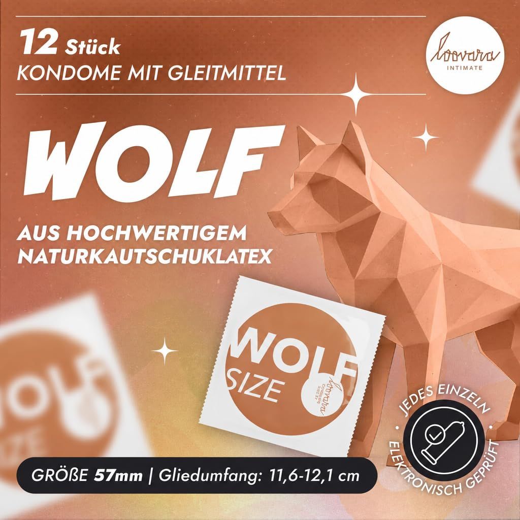 Packung mit 12 WOLF Kondomen aus Naturkautschuklatex, Größe 57mm.