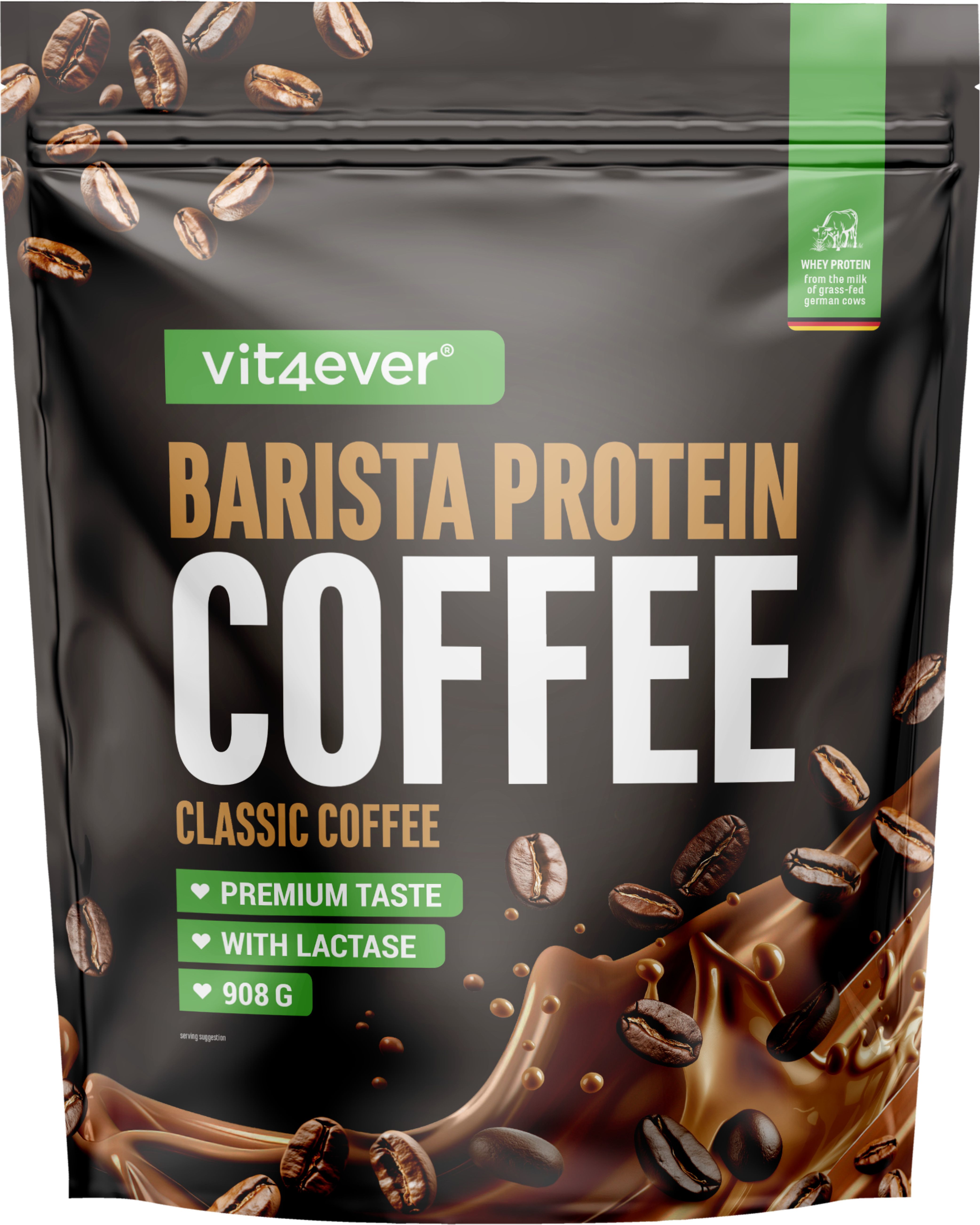 Schwarze Verpackung mit "vit4ever Barista Protein Coffee". Enthält Kaffeebohnen und eine Abbildung von Kaffee. 908g.