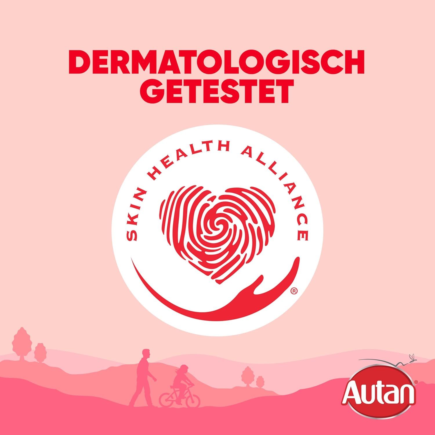 Rosa Hintergrund mit Text: Dermatologisch getestet. Logo Skin Health Alliance. Autan Logo unten rechts. Illustrationen von Personen beim Spazierengehen und Radfahren.