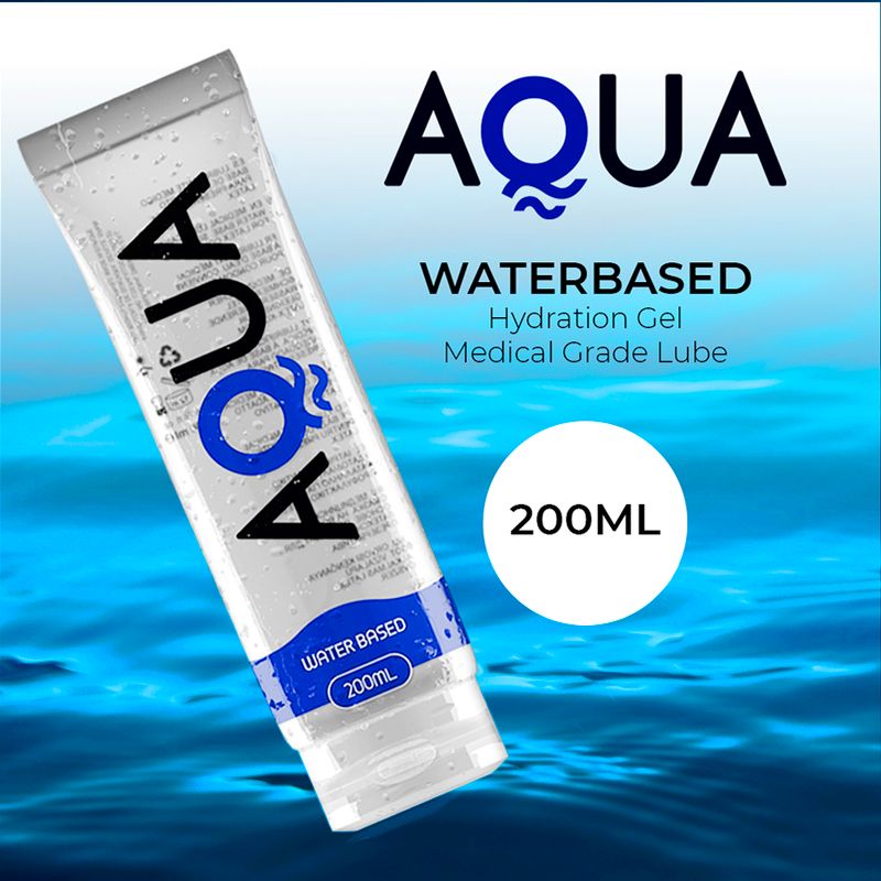 Aqua Wasserbasis Hydratationsgel, medizinisches Gleitmittel, 200ml, auf blauem Hintergrund.