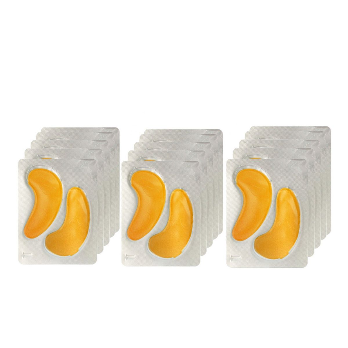 Mehrere Packungen mit Augenpads. Jede Packung enthält zwei goldfarbene Pads. Die Pads sind in einer transparenten Verpackung.