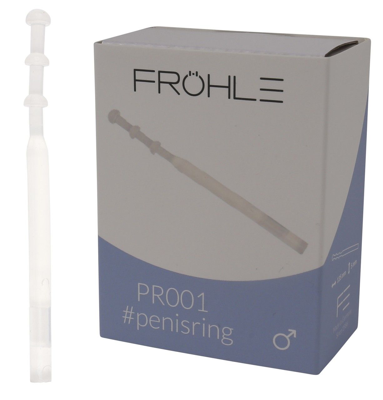 Produkt und Verpackung. Verpackung mit Produktabbildung. Aufschrift: Fröhle, PR001, #penisring. Männliches Symbol. Produkt: Penisring.