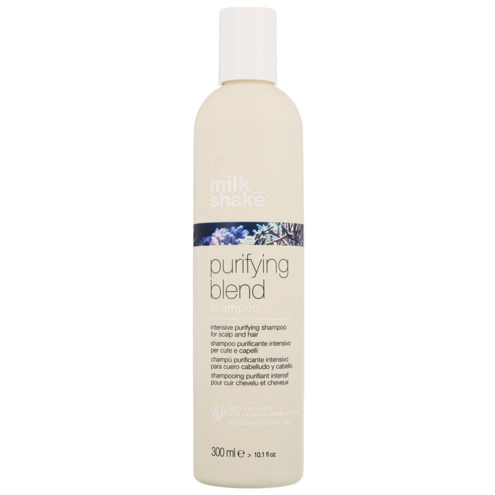 Beige Shampoo-Flasche mit weißem Deckel. Aufschrift: purifying blend. Produktname und Text in mehreren Sprachen. 300 ml.