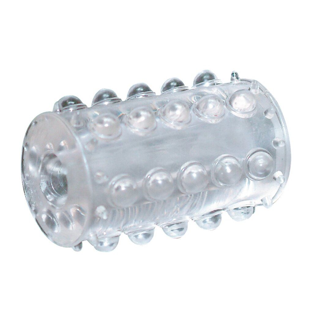 Transparentes, zylindrisches Produkt mit Noppen. Material: Kunststoff. Form: zylindrisch. Oberfl",che mit erhabenen Kugeln.