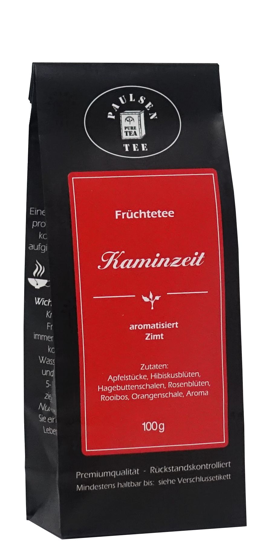 Schwarze Verpackung mit rotem Etikett. Aufschrift: Paulsen Tee, Früchtetee Kaminzeit, aromatisiert. Zutatenliste und 100g.