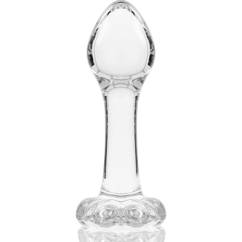 Klarer Glas-Analplug mit breiter, detaillierter Basis und schlankem Schaft.